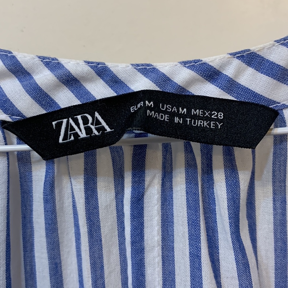 Zara Women’s V-Neck 3/4 Dolman Sleeve Blue & White Striped Hi-Low Tunic Top - Picture 3 of 7